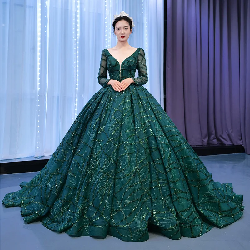 2024 Long sleeve Dark Green Ball Gown Prom Evening Birthday Party Dress Graduation Gown Beaded Lace Applique Wedding Dress