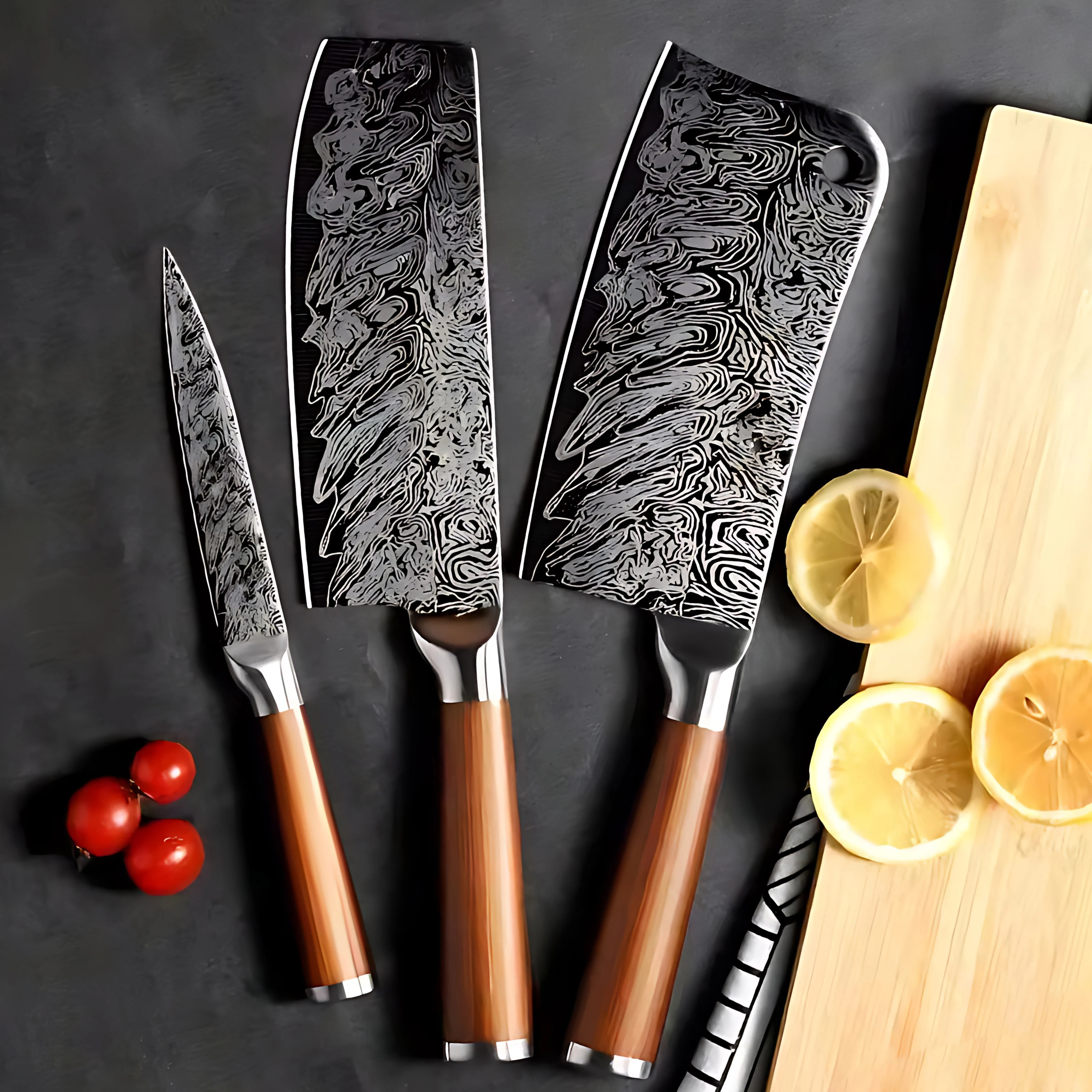 Damascus Pattern Kitchen Knives Set Japanese Style Chef Knife Utility Slicing Chopper Knife with Stainless Steel Handle