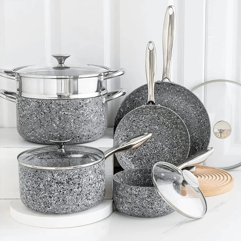 OEM Factory Aluminum Granite Pots and Pans Cookware Nonstick Kitchen Cookware With Steamer