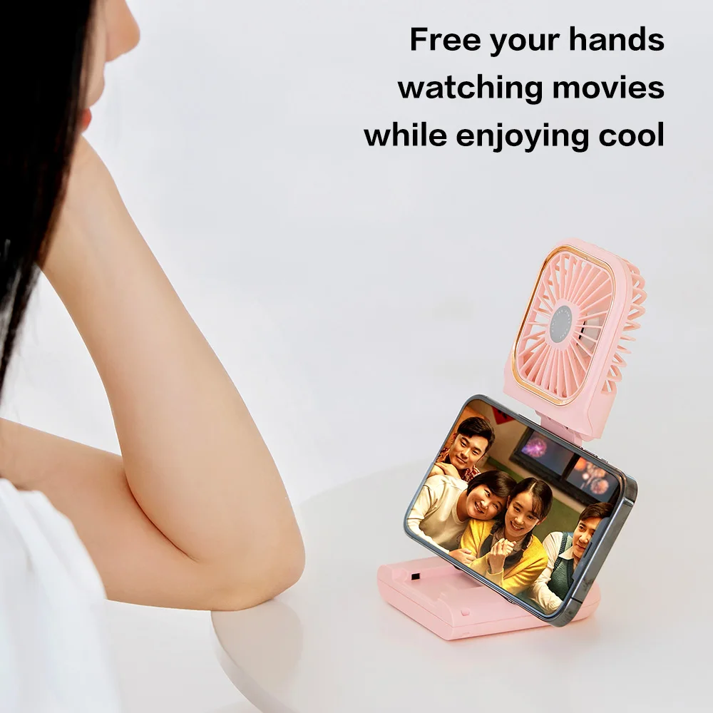 Folding Portable Mini Usb Fan Rechargeable Cooling Hands-free Hanging Neck Band power bank Fan with holder for Outdoor Traveling