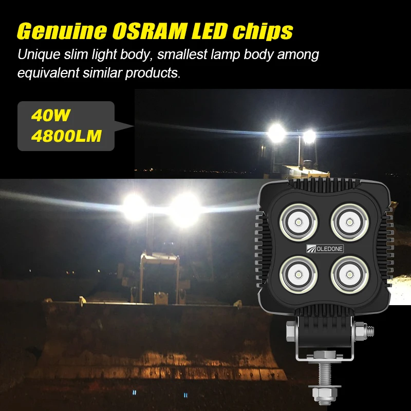 OLEDONE New 4 Inch 40W 4800LM Work LED Light 48W EMC IP68 Side Mount LED Work Light Flood Beam For SUV ATV UTV Truck Heavy Duty