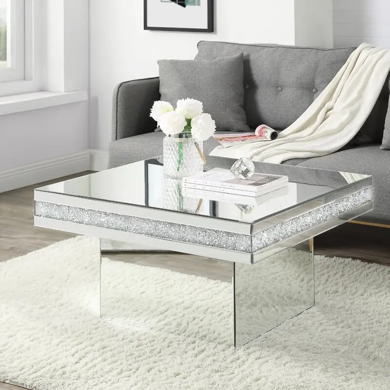 Modern luxury home decor living room furniture square crystal diamond glass mirror coffee table