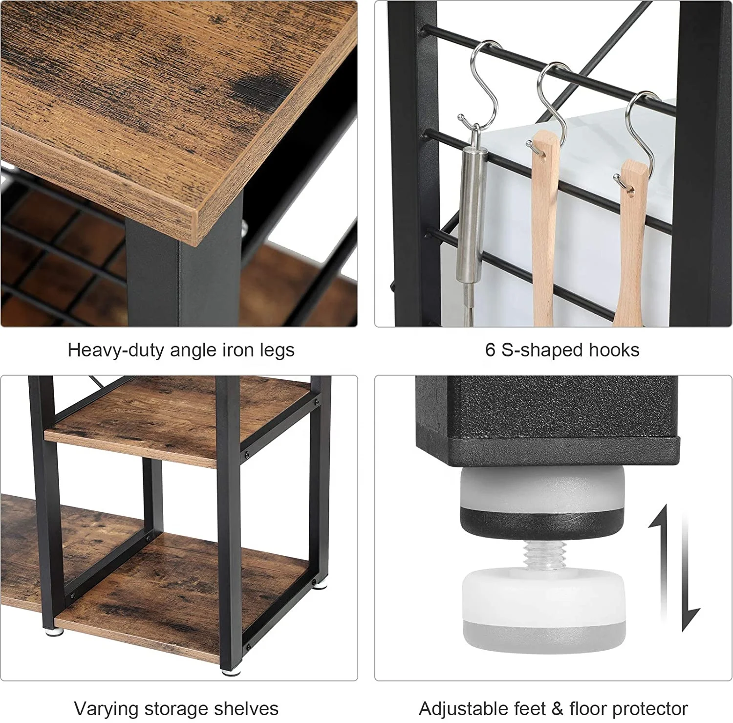 Kitchen Rack, Coffee Bar with Wire Basket 6 Hooks Microwave Oven Stand Metal Frame Wood Look, 35.4 Inch