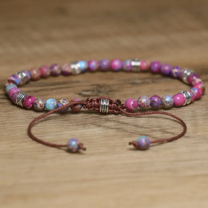 4mm Minimalist Natural Stone Bracelet Adjustable Healing Crystal Sea Sediment Jasper Beaded Bracelet Jewelry for Women Girls