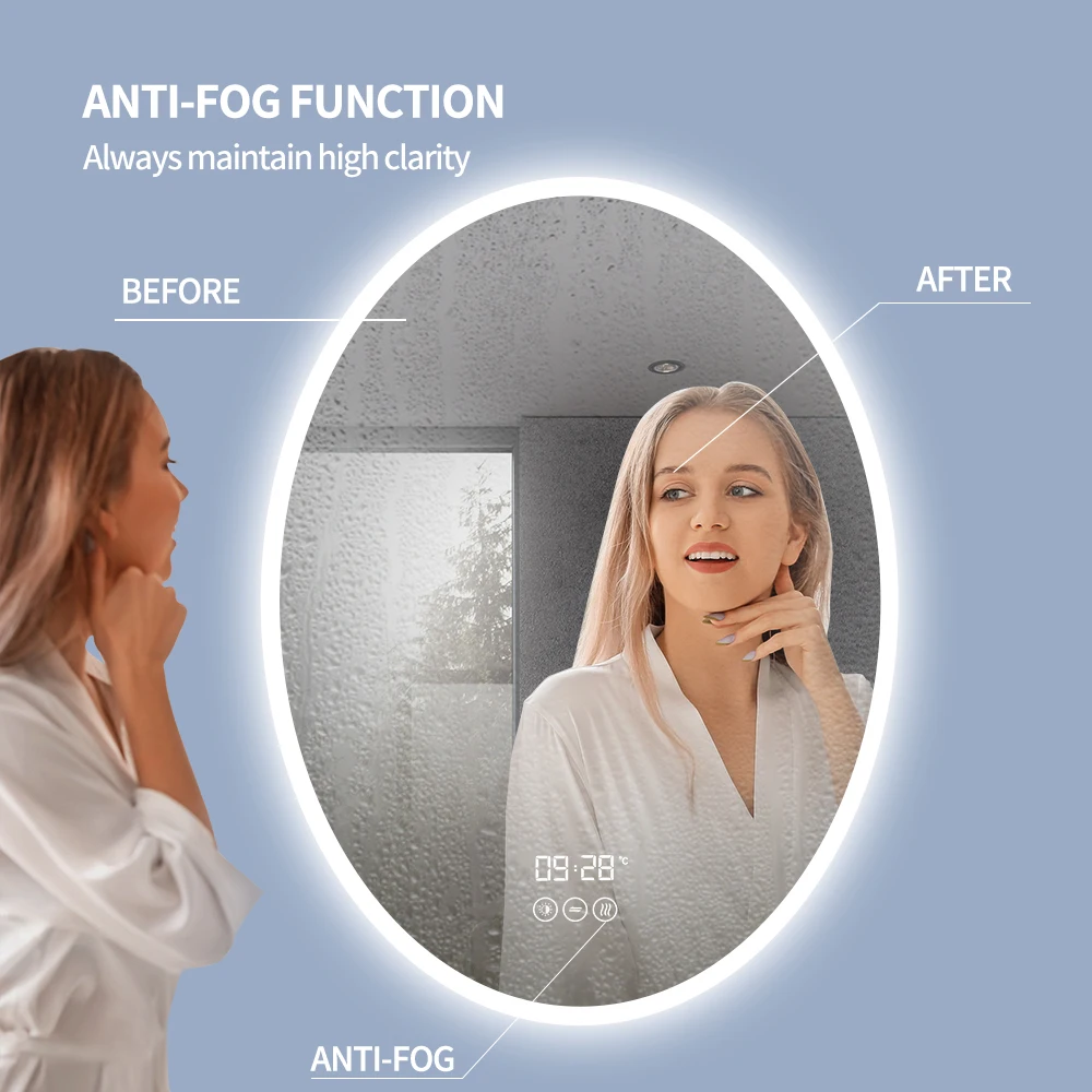 Shower Mirror Oval Frameless Wall Mounted Mirror with LED Lighting and IR Sensor