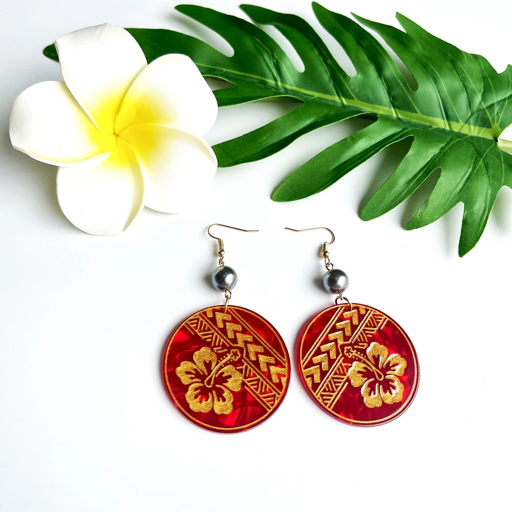 Oceanies Pacific Islander Fashion Jewelry Earrings Acetate Acrylic Earrings with Gold Flowers Tribals Carved Earrings