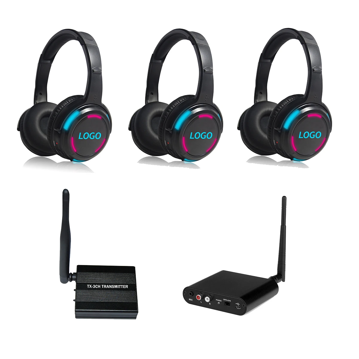 Hottest 500M Flash Silent Disco System Bundle 50xRF988 Headphones And 2xT80 Silent Disco Transmitters, 3 Channels