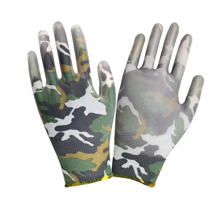 Costum Kids Garden Gloves Gauntlet 13 Gauge Seamless Liner Pu Coated SE PG311 Camouflage Green Color Garden Work
