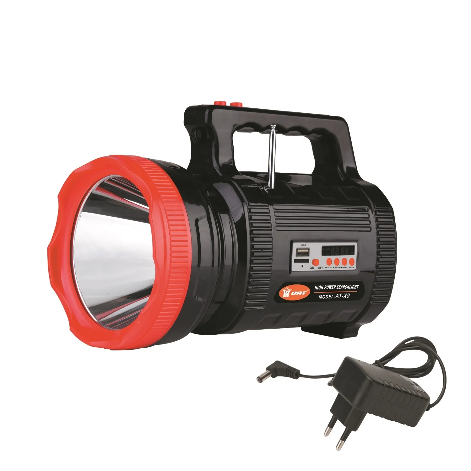AT-X9 DAT T6 led high power torch light with radio rechargeable high lumen searchlight with USB mobile phone charging function