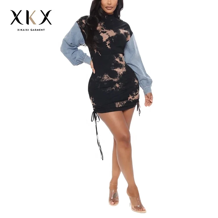 Spring and summer round neck dress women long sleeve Tie dye casual dress