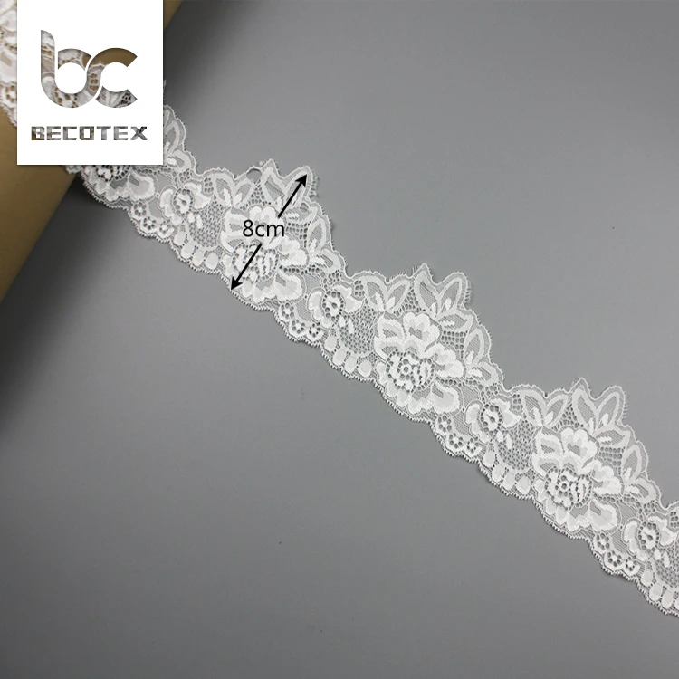 Garment lace wholesale 8cm border white stretch floral nylon lace trim