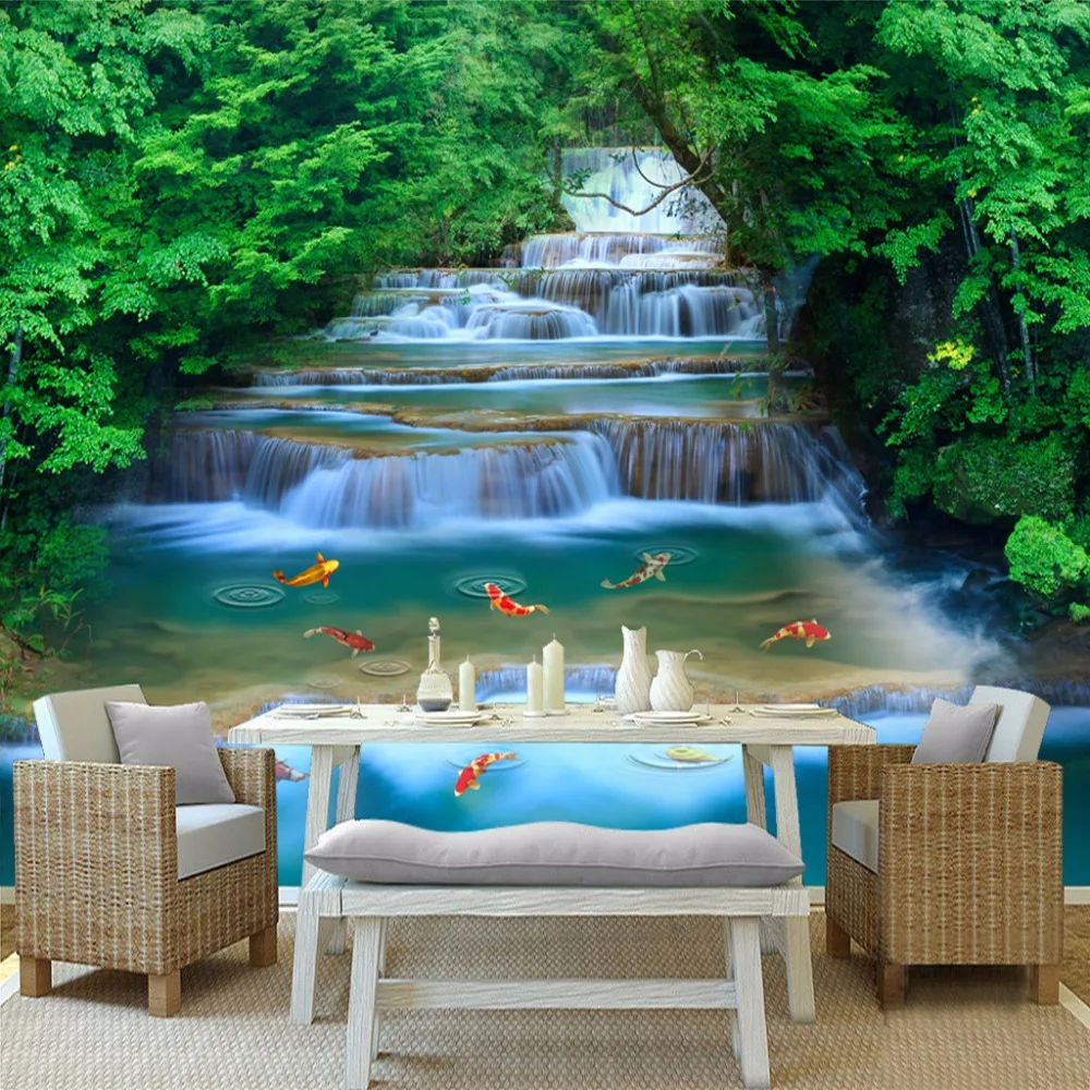 High Quality Custom Photo Mural Wallpaper 3D Forest Waterfall Living Room Background Decoration Wall Painting Papel de Parede 3D