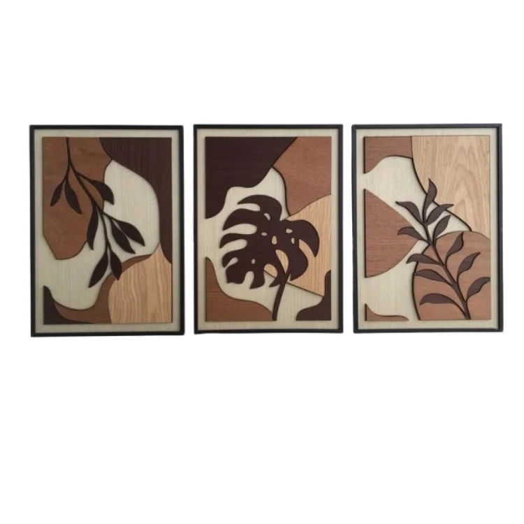 Tropical Leaf  Plant Wall Decor Wood Modern Wall Art Custom Geometric Decorative Wood Wall Art Set Of 3