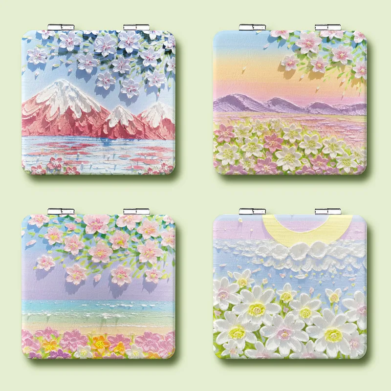 Hand painted oil painting small square mirror handheld makeup mirror portable pocket travel double side