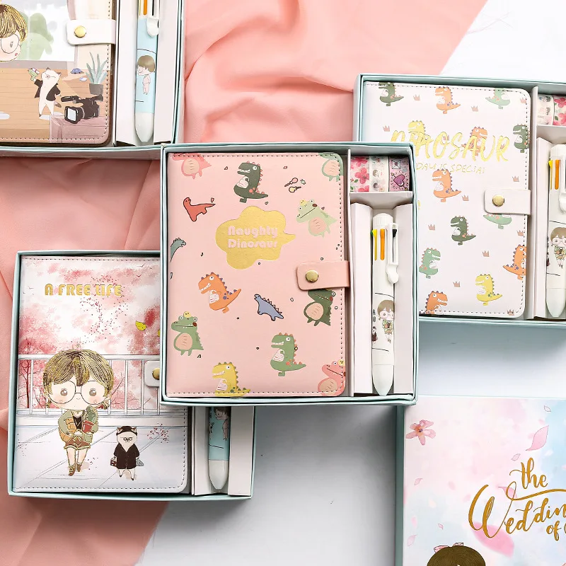 Stationery gift sets for Kids gov Cute cartoon diary magnetic buckle wash tape ball pen promo items note book gift set with box