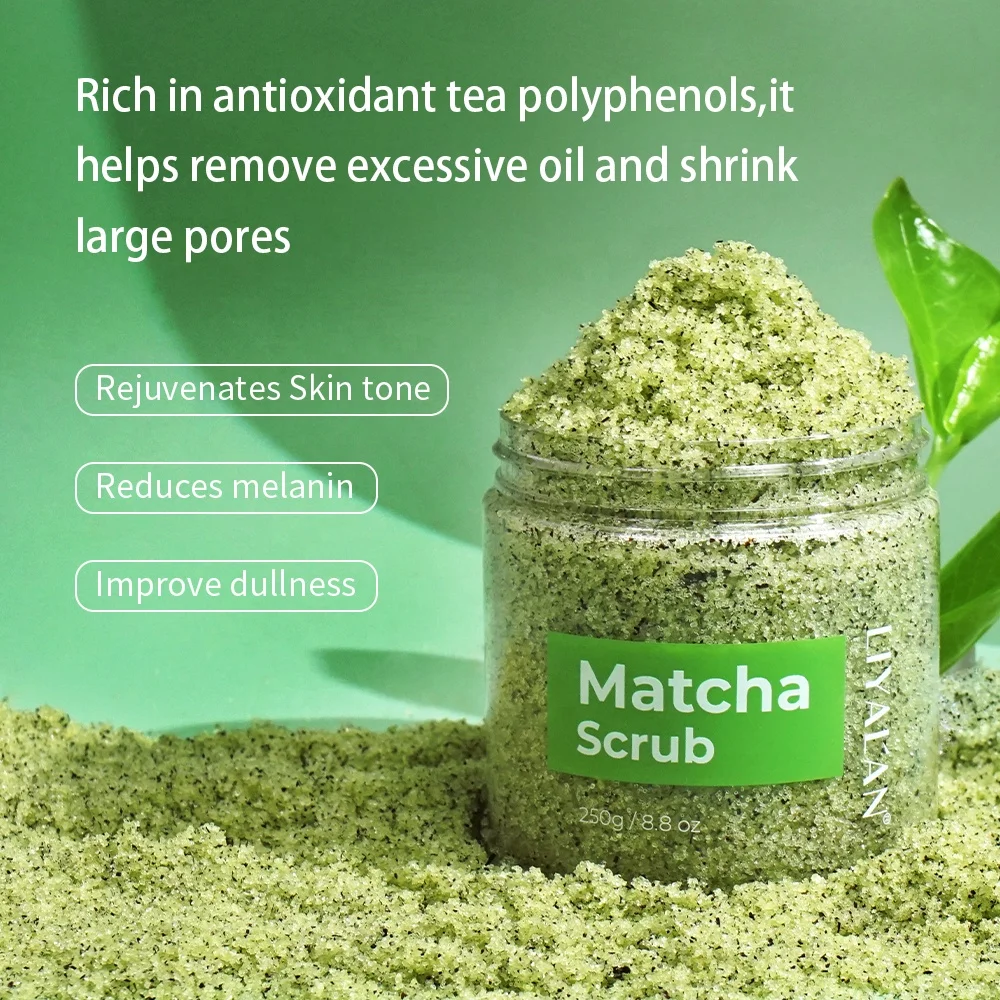 Custom Logo Skin Lightening Detoxifying Exfoliating Sea Salt Matcha Green Tea Body Scrub