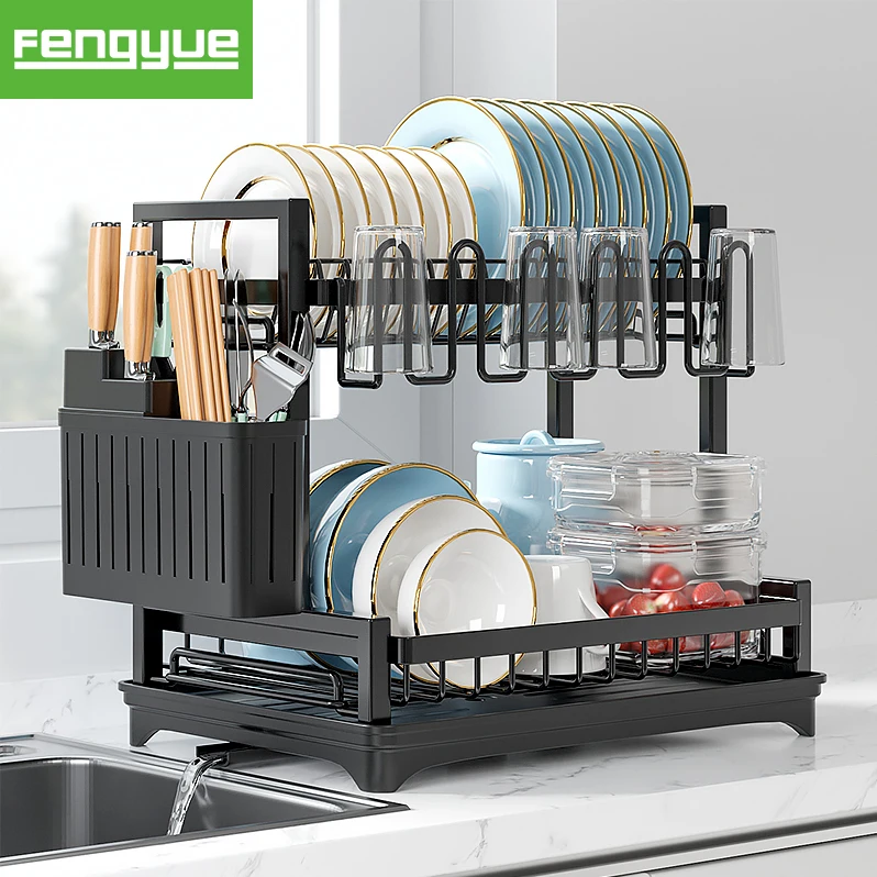 2 Layer Detachable Multifunctional Black Kitchen Shelf Plate Dish Drying Drainer Rack Utensil Storage Holder for Home