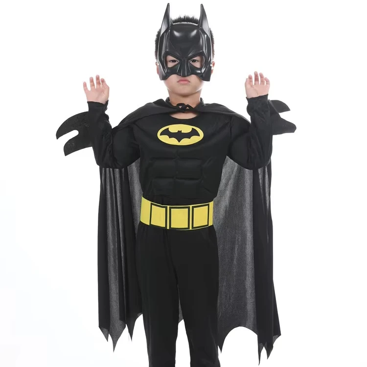 Unisex Halloween Black Bat Muscle Costume Kids Boys Girls Masquerade Party Cosplay Suit Jumpsuit Cloak Character Hat Accessories