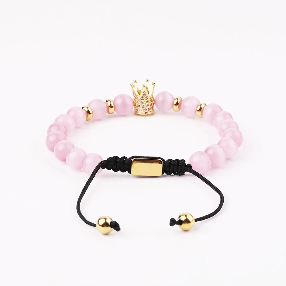 Новый модный дизайн женский браслет CZ Pave Ball Crown розовый кошачий глаз ручной работы макраме с индивидуальным логотипом JBS12677