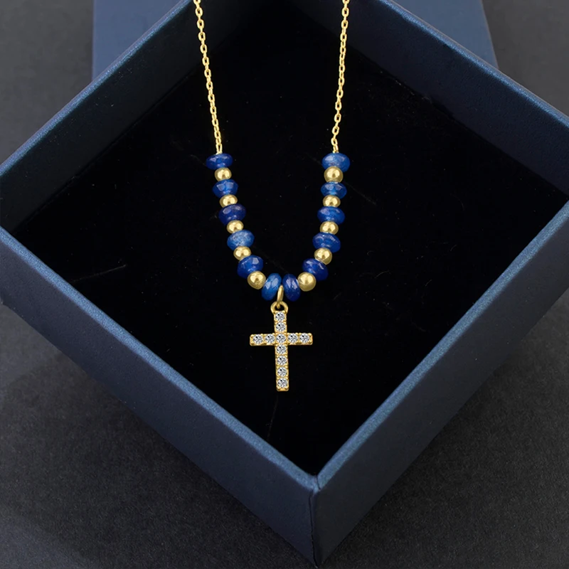 Hot Sale 925 Sterling Silver Gold Plated Necklace Blue Stone Beaded Shiny Zircon Cross Pendant Charm Necklace