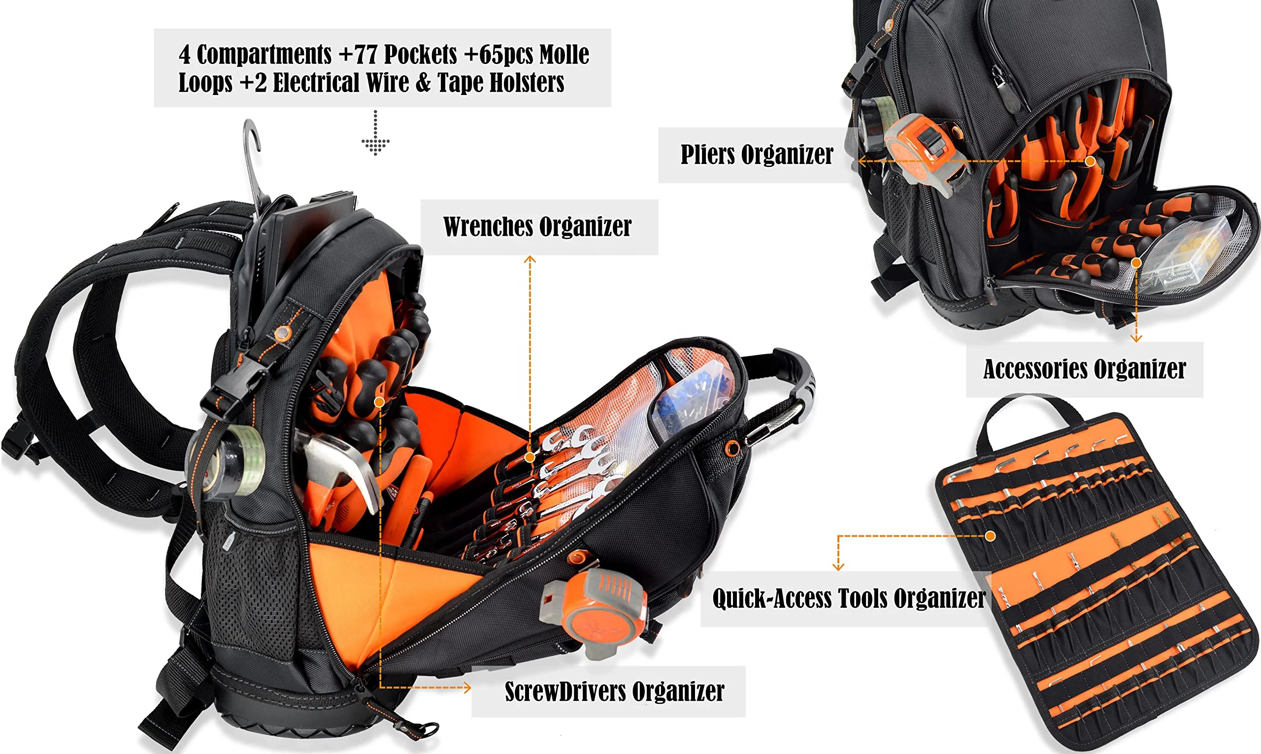 Large Men 77-Pockets HVAC Technician Rolling Tool Kit Bags Heavy Duty Electrician Portable Tool Backpack with Foam EVA