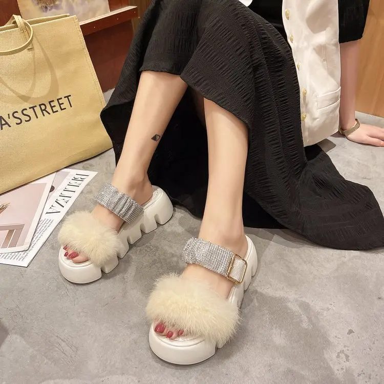 TX New Style Sequined rhinestone slippers Colored ladies outside winter platform slippers