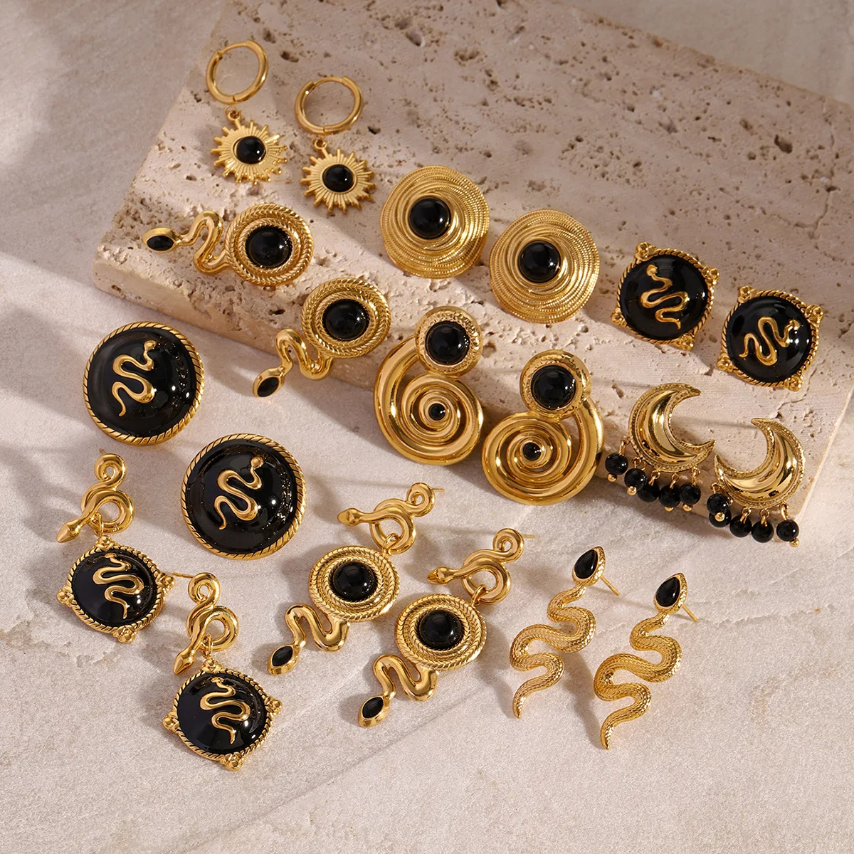 ERESI Vintage Hiphop Jewelry Series Black Onyx Earrings 18K Gold Plated Stainless Steel Snake Stud Earring Black Stone Earring