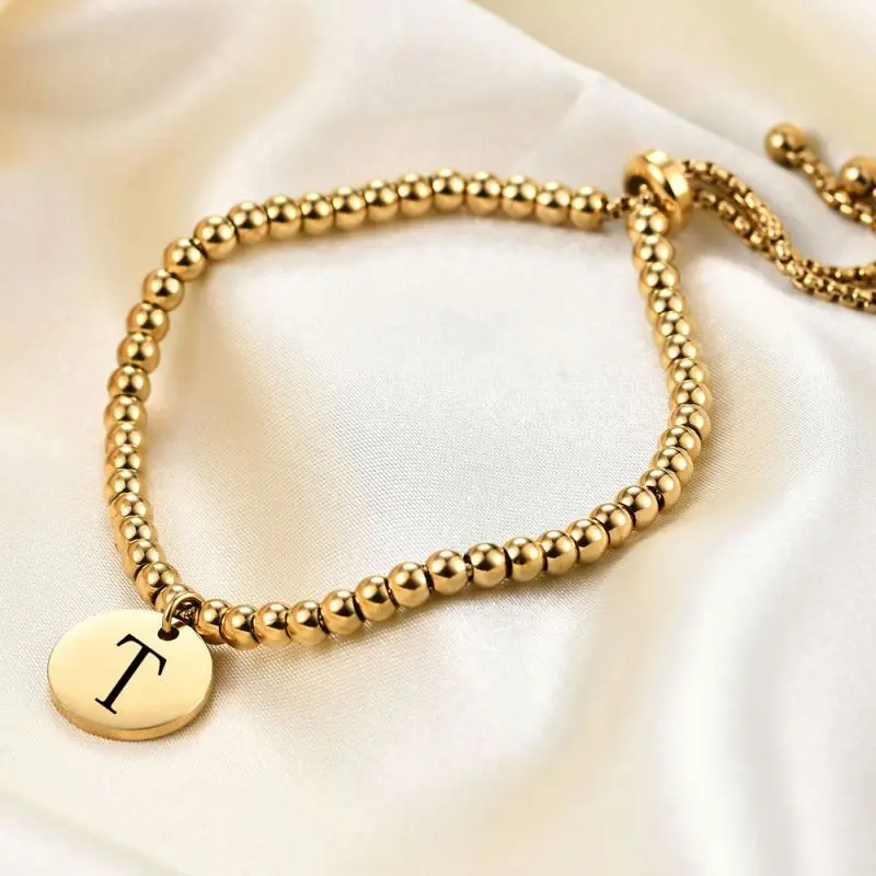 Gold Ball Bead 26 Letters Engrave Names Stainless Steel Bracelet Armband Gold Plated Adjustable Bracelet