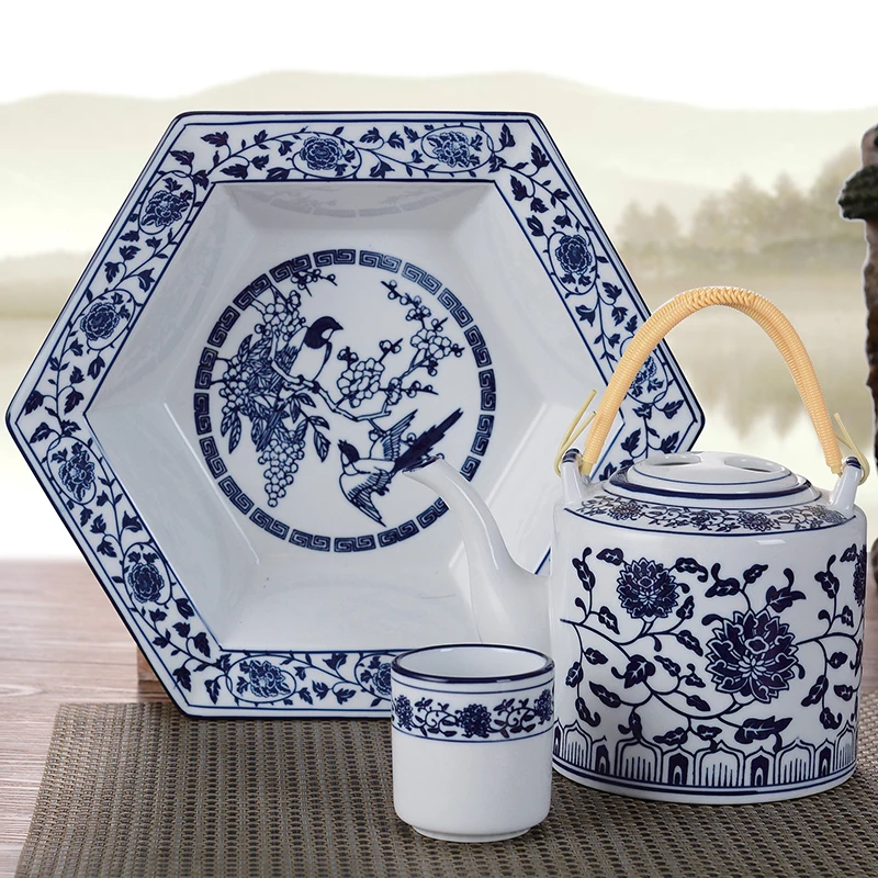 Handmade Retro Blue And White Porcelain Teapot Kung Fu Tea Set Ceramic Dish Bowl