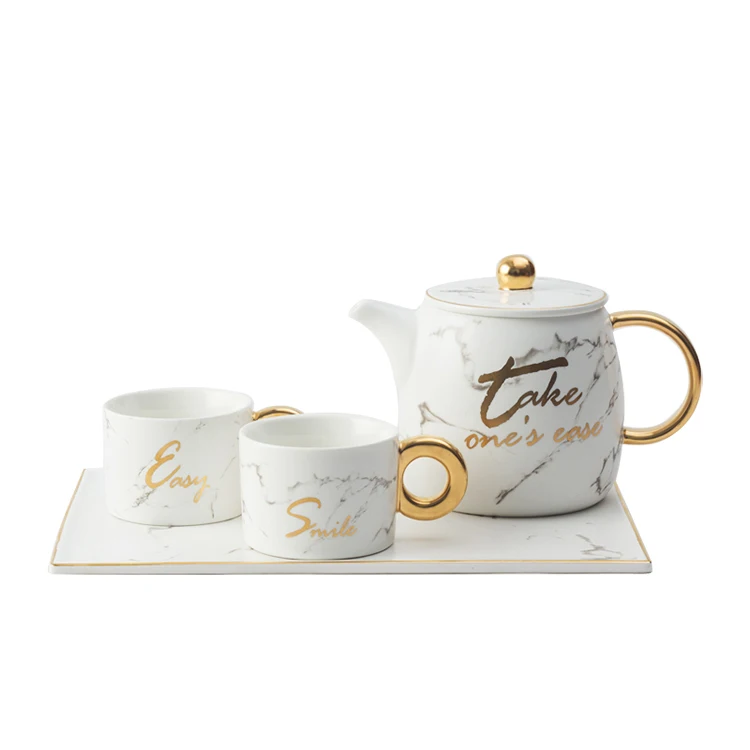 Factory Luxury design Marble Ceramic Teapot Set Tea Cups Sets With Tray For Sell
