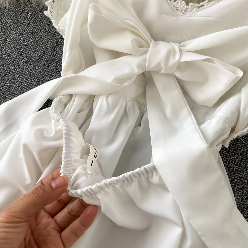 Vintage Crochet Knit temperament V-neck sexy backless bandage waist slim resort style sling women dress