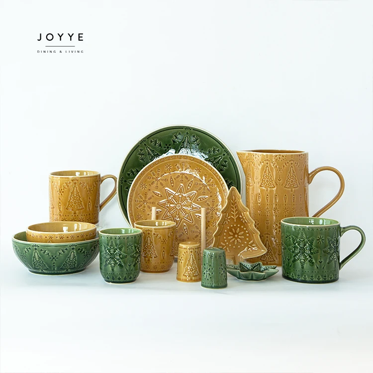 JOYYE Nordic vintage christmas style ceramic coffee mug cup set custom ceramic stoneware embossed coffe tea mugs