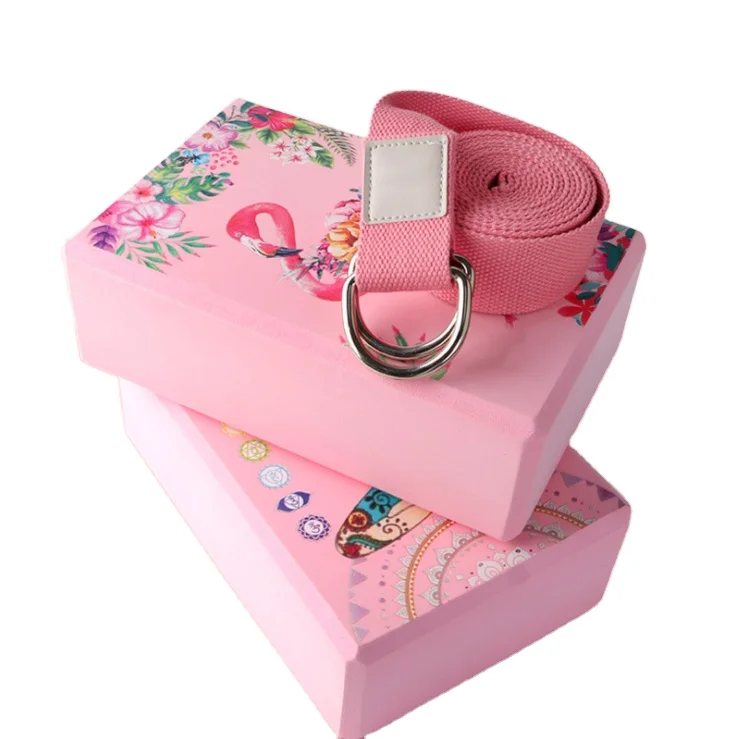 
2021 Custom logo yoga set with blocks and strap Adjustable Stretch Band Fitness Elastic Exercise Resistance eva yoga block 