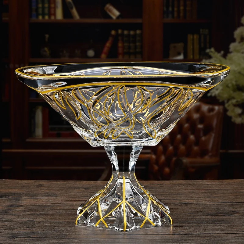 Luxury Modern Glass Fruit Bowl Gold Plated Seaweed Pattern Glass Footed Fruit Bowls for Home Decoration