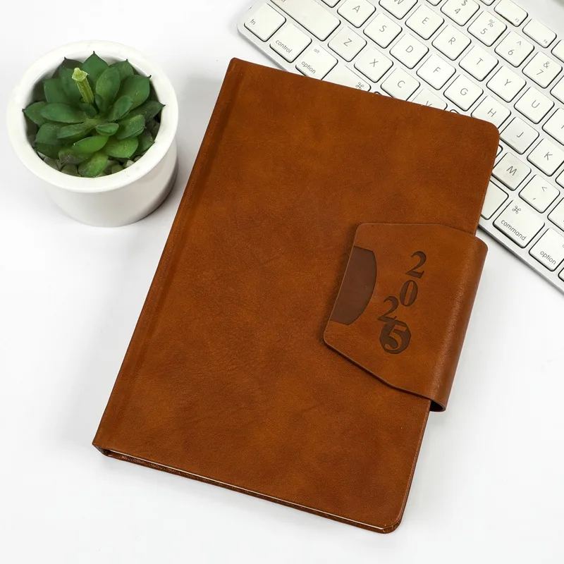 2025 English Imprinted Logo A5 Hard Cover Leather Magnetic Buckle personalized planner agenda Calendar teachers planner Notebook
