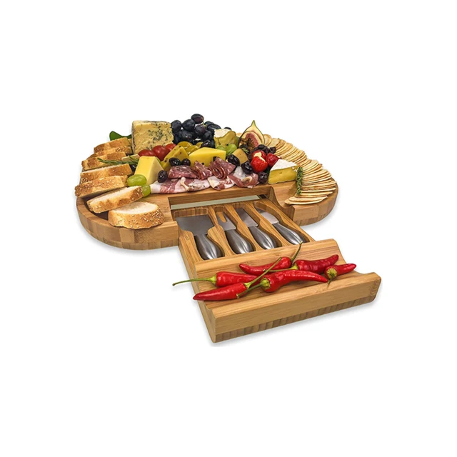 Bamboo Cheese Board With Drawer & 4 Stainless Steel Knives Luxury Set | Deluxe Extra Spaces Serving Slide-Out