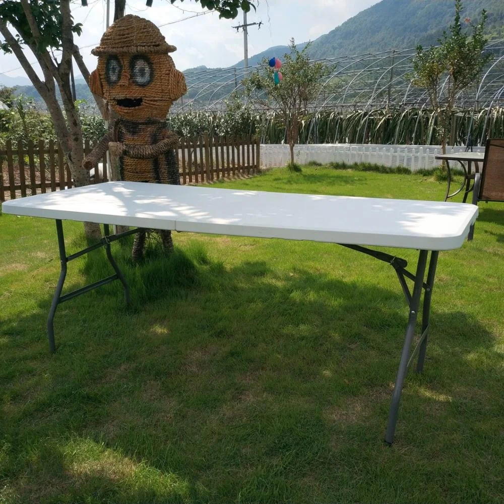 white HDPE plastic portable folding dining table wholesale with metal table legs