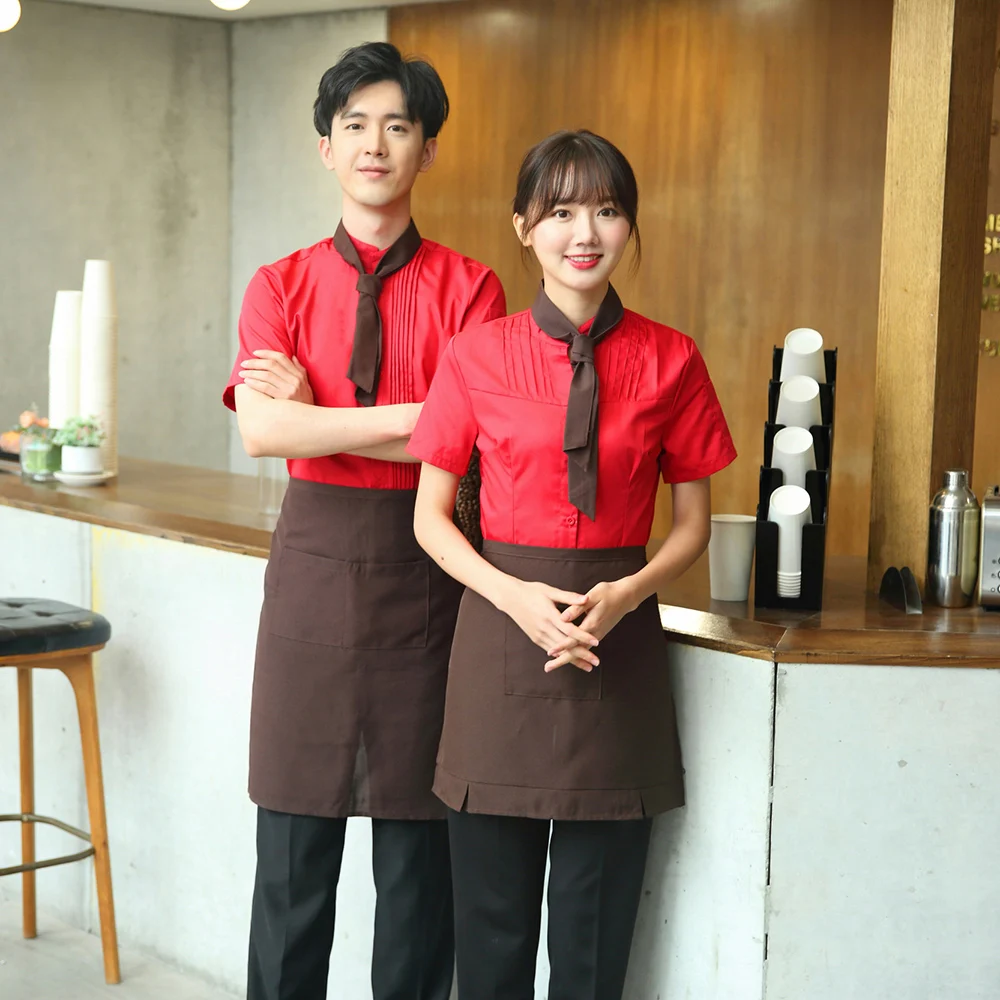 
Waiter short sleeve shirt set Restaurant hotel staff uniform leader towel Pure color cleaner uniform 