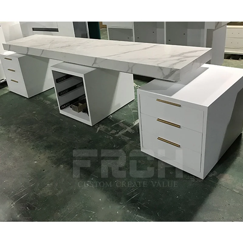 
China Suppliers Custom Make wooden Nail Tables Marble Nail Salon Furniture With LED Lights 