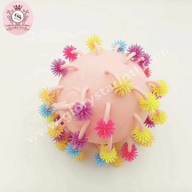 Big size macaron color TPR LED light up squishy soft stress ball toy stress cute hairy toy glowing yoyo puffer flashing ball toy