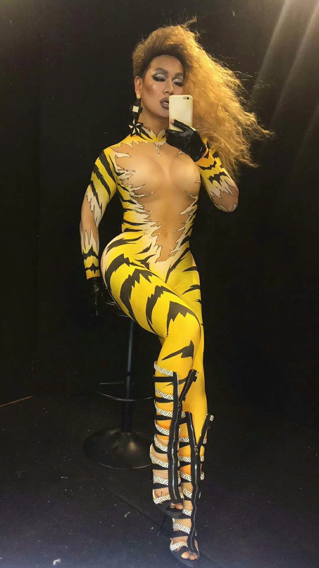 Designer Tiger Print Rhinestone Bodysuits Halloween Show Cosplay Costume Female Rompers Women Stage Performance Bodycon Jumpsuit