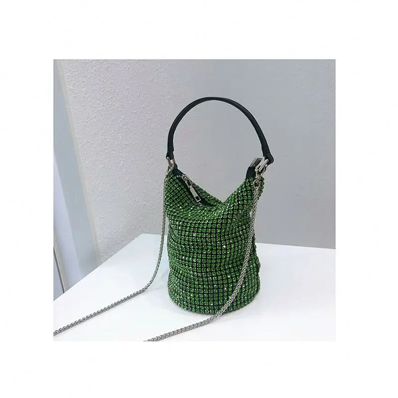 Small Crystal clutch evening bag Women 2022 Luxury designer wedding party Handbag Ladies green Rhinestone bucket shoulder bag