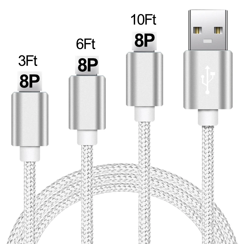 For Iphone Charger Colored 3/6/10Ft Nylon Braided USB Data Cable For iPhone 13 12 11 Pro Max XS MAX XR XS