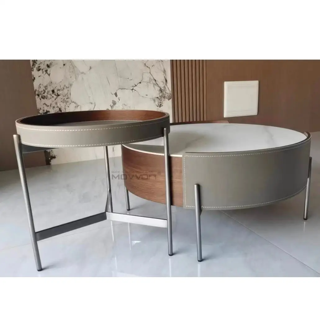 Italian round rock slab simple saddle leather solid wood living room home coffee table combination