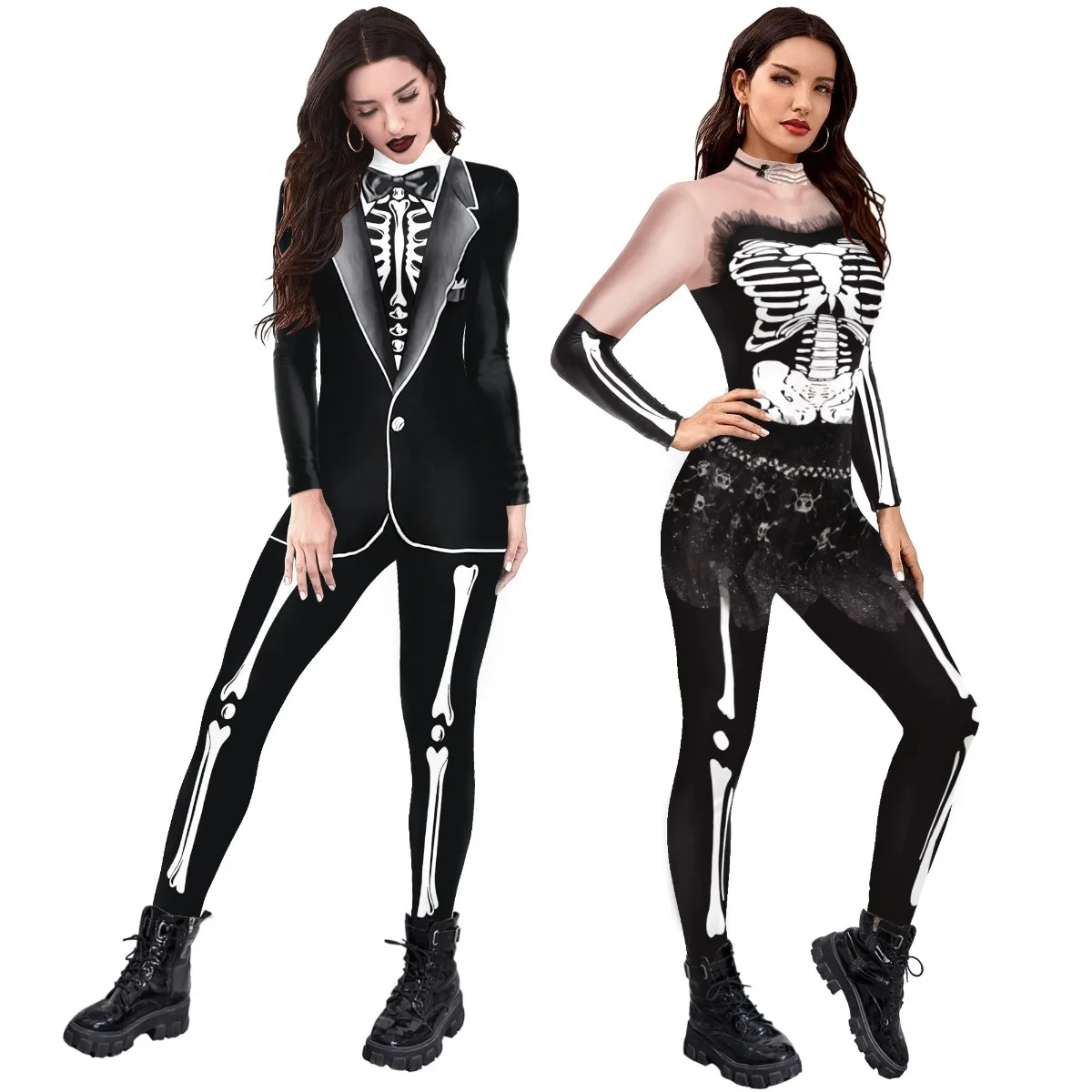 NADANBAO Human Skeleton Printed Halloween Costume Ladies Jumpsuit Men Jumpsuit Custom Gothic Punk Costume for Halloween