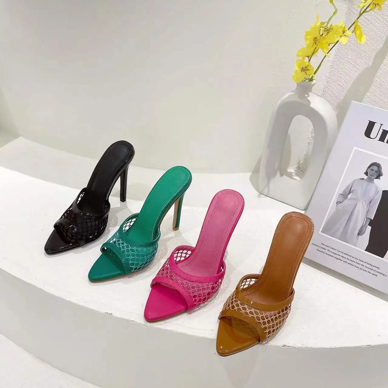 Новое поступление модных сетчатых женских туфель J & H с открытым носком и острым носком на высоком каблуке, вечерняя женская обувь, женские сандалии