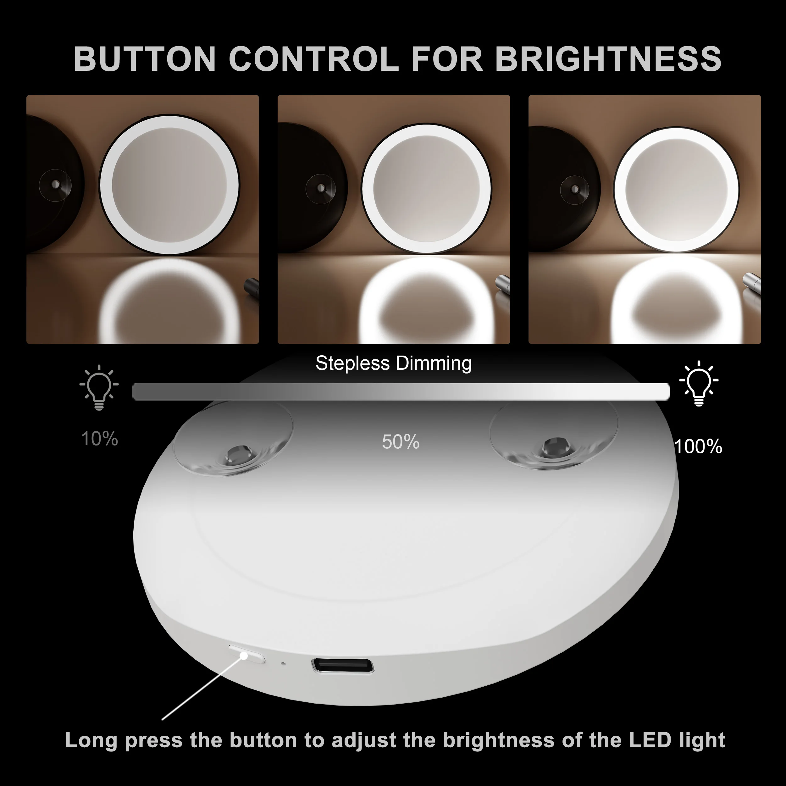 Type-C Charging Rechargeable Lighted Round Magnification Small 5x Travel Mini Magnifying Mirror With Suction Cups