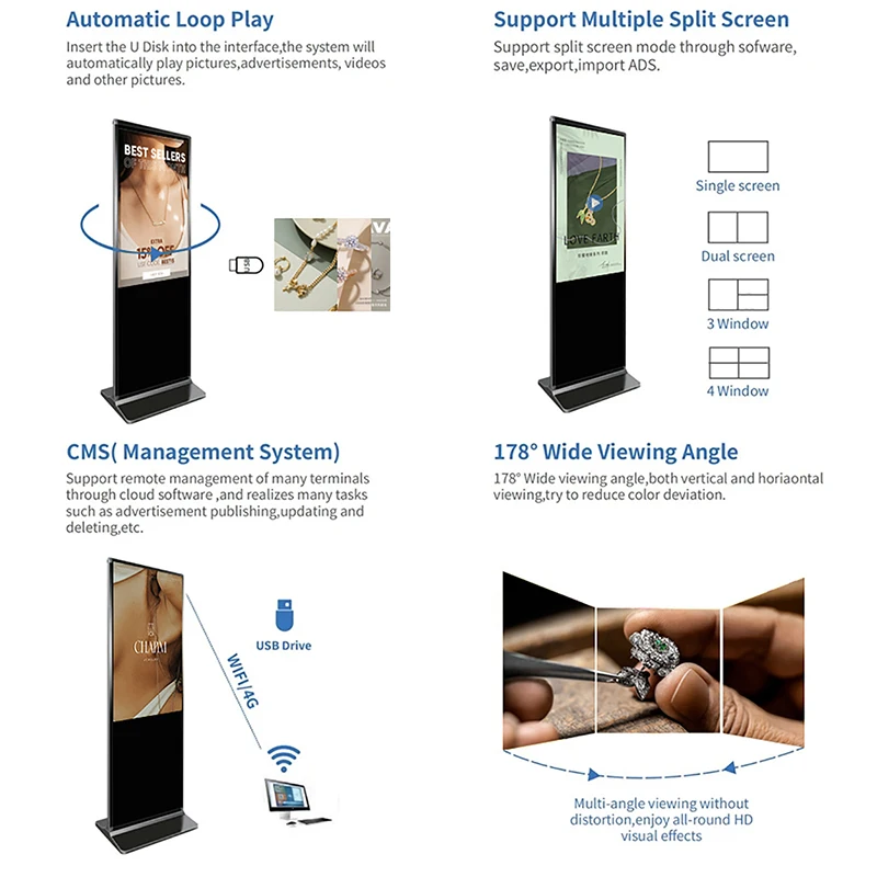 LuxGaze 32 43 50 55 65 75 86 Inch Digital Signage Floor Stand Lcd Touch Screen Advertising Poster Display Advertising Kiosk