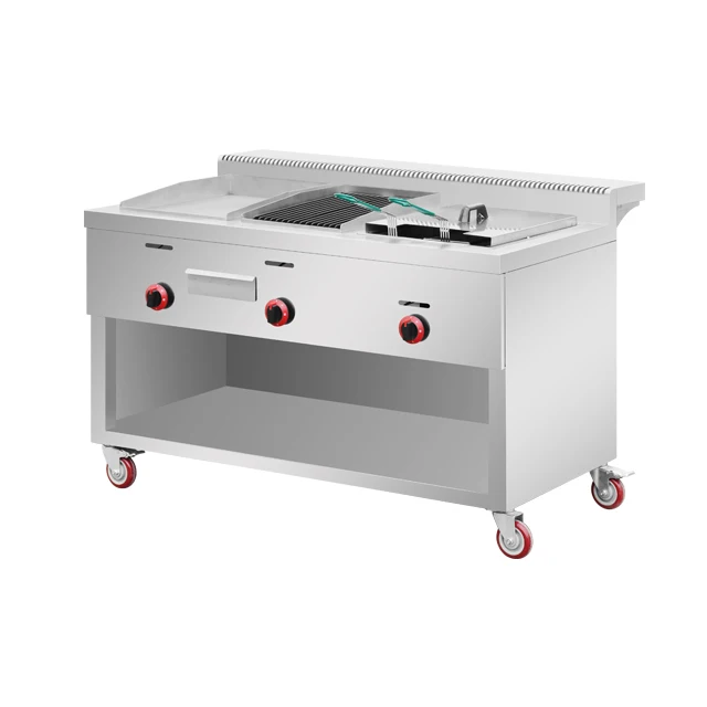 Multifunctional Gas Cooking Stove Stainless Steel Fast Food Outdoor Gas Fryer With Gas Griddle & Lava Rock Grill
