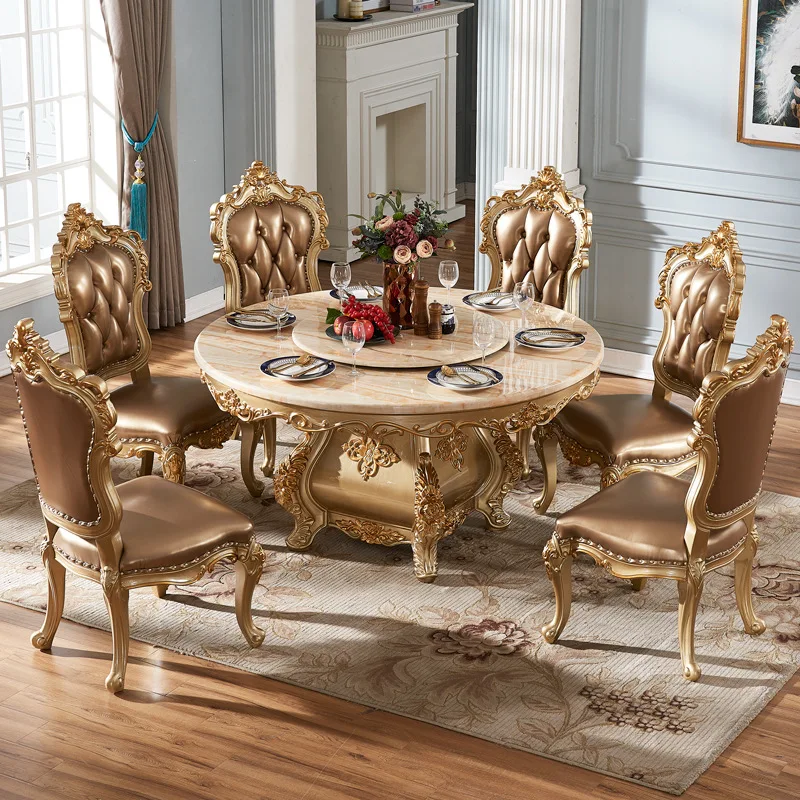 New european classic style dining room sets marble top wood dining table sets with 8 chairs No reviews yet